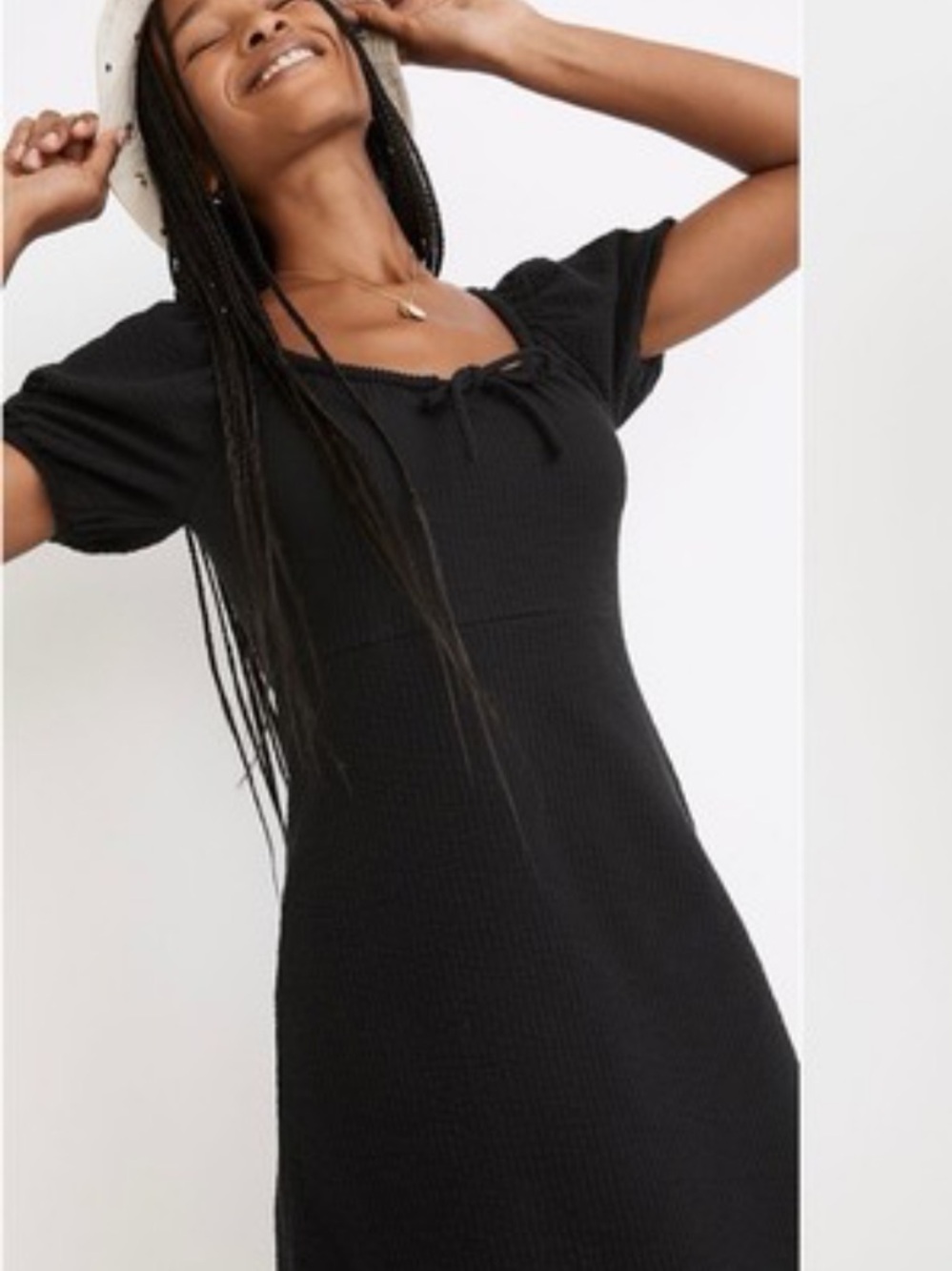 NWT - Madewell Dress Seersucker Knit Puff-Sleeve Mini Stretchy True Black XS